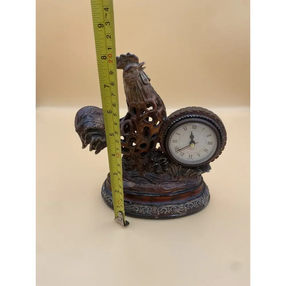 Rooster Resin Desk/Mantel Clock Brown Quartz Battery Analog Roman Numerals 9x8